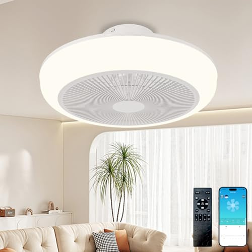 WUTGHUI Bladeless Ceiling Fan with Light and Remote Fandelier Caged Low Profile Smart Ceiling Fan Light with Nightlight 2700K-6500K, Flush Mount Fan Light with Remote/APP Control