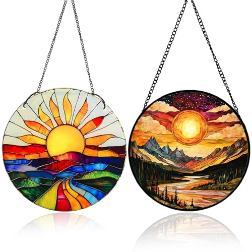 Gyism 2 Stück Sonnenfänger Fenster, 20x20cm Fensterdeko Hängend Sonnenaufgangs- und Sonnenuntergangsmuster mit Kette und Haken, Boho Decor für Garten, Balkon, Wohnzimmer (Sonne)