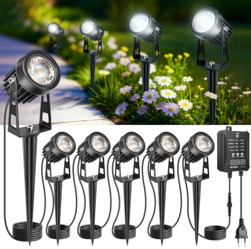 LightingWill Gartenstrahler LED Außen Wasserdicht mit Erdspieß, Gartenbeleuchtung mit Dämmerungssensor & Timer, 6er Set, 5000K-6000K Kaltweiß, IP65 Gartenspots für Garten, Weg, Terrasse, Einfahrt