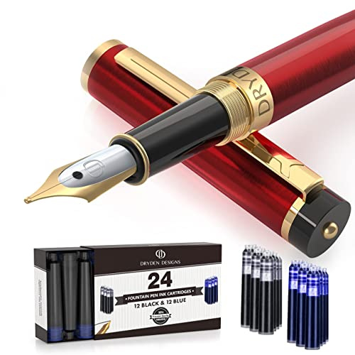 Dryden Designs Fountain Pen Medium Nib Gift Pouch - with 24 Ink Cartridges - MCM (Red)