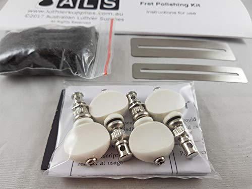 Gotoh Ukulelen-Stimmwirbel (Bonus ALS Bund-Polierset) UKB-Modell-Stimmwirbel von Gotoh Japan, 4 Stück, Nickel mit weißen Knöpfen, Bundpolierset Australian Luthier Supplies