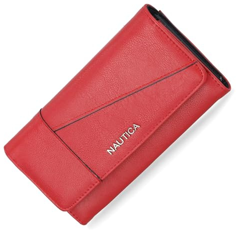 Nautica Money Manager Womens Slim Compact RFID Blocking Credit Card Holder Clutch Wallet Organizer with Zipper Coin Purse and Phone Compartment in Fuego Red (Buff)