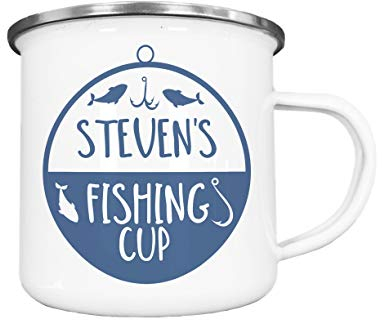 The Supreme Gift Company Personalised Fishing Enamel Mug – Fishing, Camping & Caravan Design, Sublimation Printed 10oz Hardwearing Drinks Cup