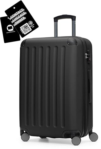 Hauptstadtkoffer Spree - Mittelgroßer Hartschalenkoffer + Digitaler Gepäckanhänger, TSA, 4 Rollen, Koffer, Trolley, Rollkoffer, Reisekoffer, Volumenerweiterung, 65 cm, 74 Liter, Schwarz