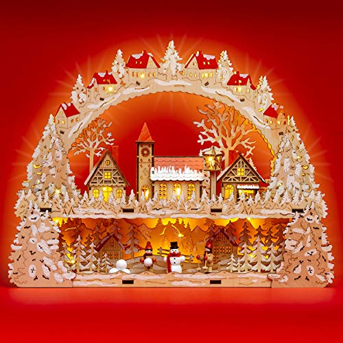 SIKORA LB08 Holz Schwibbogen beleuchteter LED Lichterbogen Motiv Winterdorf Dorfkirche Deko Weihnachten inkl. Netzteil Breite 43cm