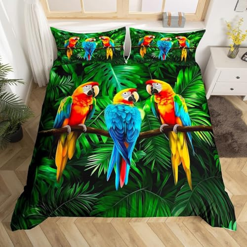 Homewish Parrot Bedding Set King Size Watercolor Animal Feather Duvet Cover Set Palm Leaf Duvet Cover Tropical Plant Birds Quilt Cover Comforter Cover And 2 Pillow Cases For Bed Room