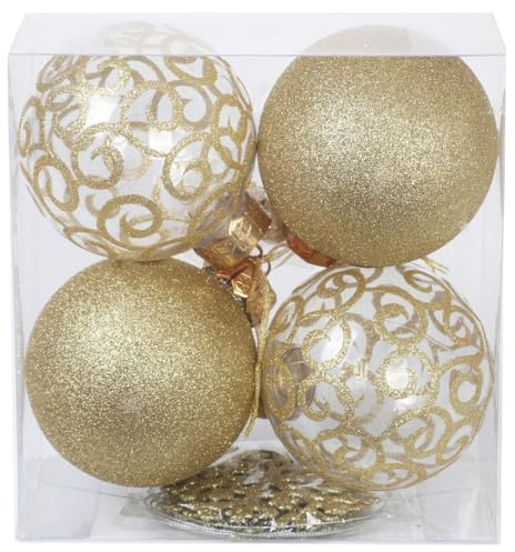 Große goldene Kugelornamente für Weihnachtsbaum im Landhausstil, Weihnachtsdekoration – Extra große bruchsichere 120-mm-Kugeln aus Kunststoff und Schneeflocken, 8er-Set