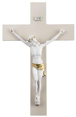 MAZZOLA LUCE Crocifisso da parete 34x24 cm croce legno nocciola cristo marmorino bianco decoro oro stile classico