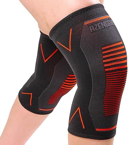 aZengear Tutore per ginocchio (coppia) │ Ginocchiera a compressione per dolori articolari, lesioni ai legamenti, strappo al menisco, artrite, corsa, squat (Rosso, M)