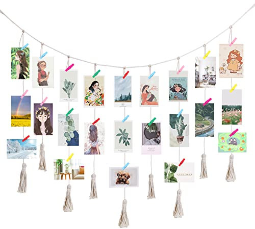 QXUJI Hängende Fotoanzeige, Makramee Wandbehang Bilderhalter mit 20 Holzklammern, Boho Collage Bilderrahmen für Wanddekoration, für rustikale Landdekoration, Haus, Büro, Kinderzimmer