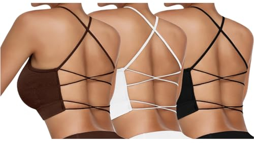 Vertvie Damen Sport BH Gepolstert Crossback Yoga Sports Bra Spaghettiträger Rücken Verkreuzt Gerippt Bustier Ohne Bügel Atmungsaktiv BH mit Abnehmbaren Cups(3pc: Schwarz + Weiß + Braun,S)