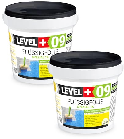 Level + 09 Flüssigfolie Spezial für Balkon, Terrasse, Bad & Dusche | Dichtfolie unter Fliesen auf Beton, Putz & Estrich – Flüssigabdichtung, Wasserdicht, Frostbeständig & Gebrauchsfertig – 3 kg