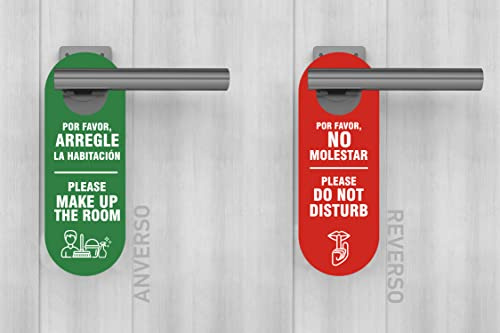 Oedim Pack 12 Carteles para Puertas con Texto Por Favor no Molestar y Por Favor Arregle la Habitación por Ambos Lados, 10x25cm, Colgador en color Rojo y Verde, Modelo Circular Cerrado