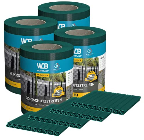 WDB - Sichtschutzstreifen für Doppelstabmatten Sichtschutz Zaun - Set 4X 35 m x 19 cm + 80 Stück Befestigungsclips - PVC Windschutz Basic Line - 450 g/m2 - Grün - RAL 6005