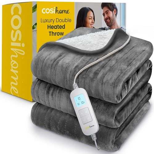 Cosi Home® Luxury Heated Throw in Grey - Electric Blanket - Extra Large Heated Blanket, Machine Washable Fleece & Sherpa - Digital Remote, Timer and 10 Heat Settings - Double Size, 200 x 150 cm