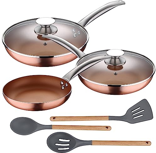 Set 5pc sartenes 20,24,28 cm (con tapa) aluminio prensado inducción con Set 3pc utensilios de cocina silicona madera