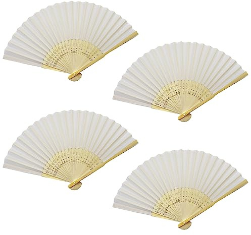 Grantop 4 Pcs Black Folding Hand Fan, Silk Fabric Bamboo Ribs Handheld Fan, Folding Chinese Fan for Wedding Christmas Party Prom Festival DIY Home Decorations (White)