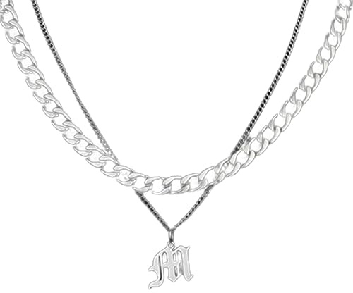 HESHS Collar Inicial con Letra M para Hombres Cadena De Eslabones Cubanos En Capas Collares con Colgante De Letras Collar De Tendencia Personalizado Regalo De Joyería para Hombres Y Mujeres