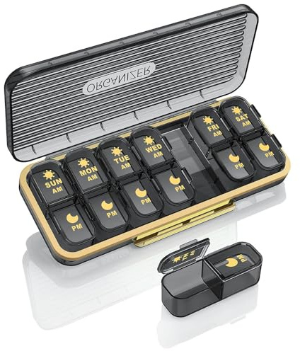 ROWNYEON Tablettenbox 7 Tage Morgens Mittags Abends,Tragbare Pillendose 7 Tage Medikamentenbox 7 Tage 2 fächer große Pillenbox für Medikamente, Vitamine, Fischöl, Nahrungsergänzungsmittel (Schwarz)