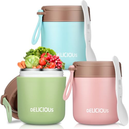 Ziliny 3 Pack Insulated Food Jar Set for Kids 15.2 oz for Hot Food Container Stainless Steel Vacuum Lunch Insulated Soup Container Leakproof Wide Mouth with Lid Folding Spoon for School Office Picnic