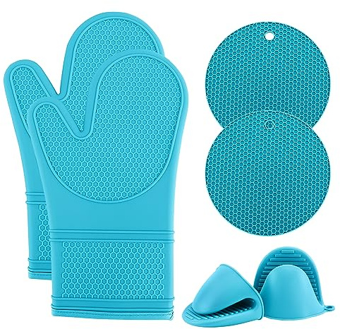 COOK WITH COLOR Silicone Oven Mitts Set of 6, Heat Resistant Gloves with Soft Padded Lining, Set of 2 Oven Mitt Holders, 2 Silicone Trivets, 2 Mitts