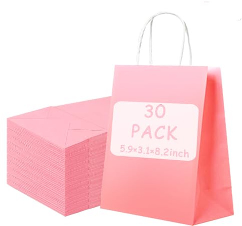 POPOYU 30 st små pappersfestväskor med handtag – 15 x 8 x 21 cm – rosa papper presentpåsar för och vuxna fester, födelsedagar, bröllop, jul, halloween, baby shower, möhippor och godis