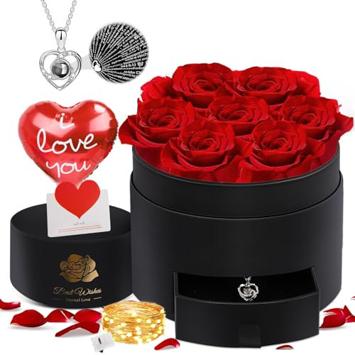 N&T NIETING Preserved Real Rose Eternal Flower Gift Box with I Love You Necklace in 100 Languages - Romantic Red Rose for Women, Wife, Girlfriend, Mum - Anniversary, Birthday