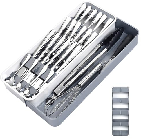 HEKOBAG Cutlery Drawer Organiser, 14-22.5cm Expandable Cutlery Tray, 9 Compartments Kitchen Drawer Organiser Large Compact Utensil Tray Multi-Purpose Storage Organizer for Kitchen Spoons Knife Fork