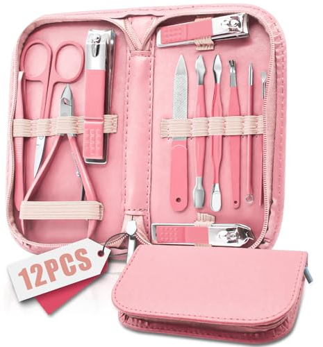 Maniküre Set Nagelknipser 12 in 1, Professionelle Pediküre Nagelset Maniküre Set, Frauen Männer Nagelpflege Set, Maniküre & Pediküre Werkzeuge & Zubehör, Nagelpflege Werkzeug mit rosa Leder Reisen