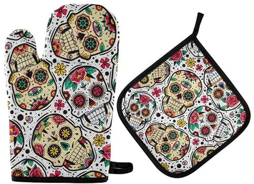 Mexican Sugar Skulls Oven Mitts Pot Holder Set Halloween Day of The Dead Kitchen Decor Cooking Stove Gloves Heat Resistant Hot Pads Recycled for BBQ Baking Grilling