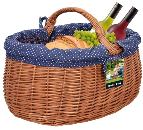 KOTARBAU® Natural Weidenkorb mit Henkel groß | mit Stoffeinlage in Blau | Tragekorb aus Weide Einkaufskorb geflochten Weide Weidenkörbe mit Henkel Einkaufskörbe Picknickkorb geflochten