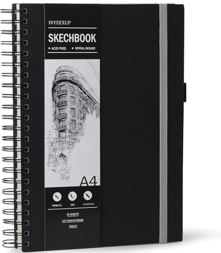 INYEEXUP Sketchbook A4, Spiral Bound Sketchbook with Hard Cover, 200gsm Thick Paper, A4 Thick Paper, Sketch Pad for Sketching, Illustration, Portrait，60 Sheets/120 Pages