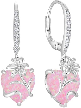 YL Boucles d'oreilles cœur opale en argent sterling 925 - Boucles d'oreilles lys blanc/vert/bleu/rose opale - Cadeau pour femme, mère, petite amie, argentée, Opale