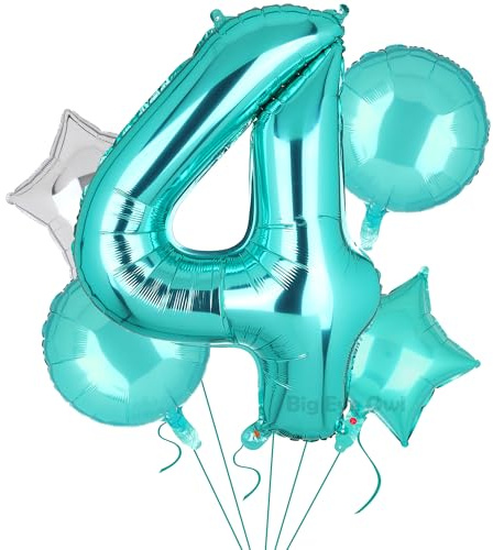 5 Stück XXL Türkis Zahl 4 Luftballon Blaugrün Nummer 4 Folienballons Groß Zahlen Happy Birthday Ballon Geburtstags Deko 100cm