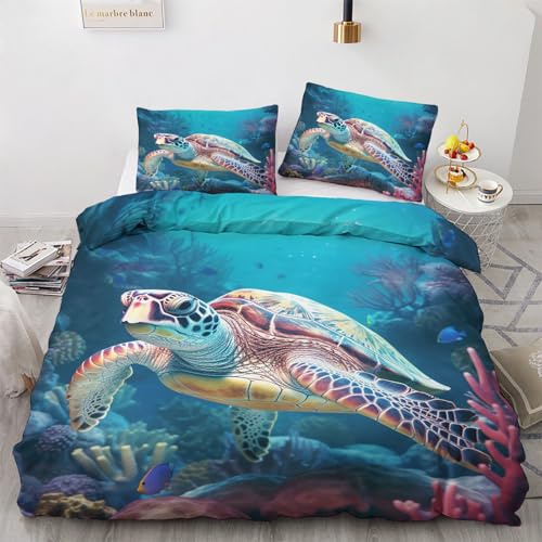 Generisch Schildkröte Deko - Schildkröte Bettwäsche 135x200 Sommer, Unterwasser Bettbezug 135 x 200 2er Set mit Kissenbezug 80x80, Weiche Mikrofaser Sommerbettwäsche mit Reißverschluss