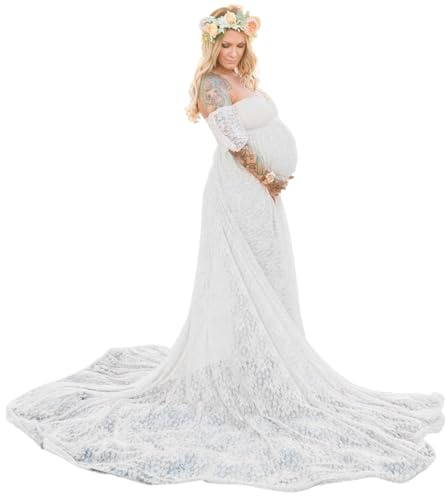 Robe de maternité pour la séance photo, robe de maternité à longue dentelle, robe de photoshoot de grossesse à épaules dénudées, tenues de séance photo maternité en arrière creux pour baby shower l,