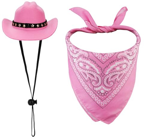 Hundekostüm Cowboy, Hunde Outfit Cowboy Cowboyhut für Hunde und Hundehalstuch Schal Halloweenkostüme für Hunde Outfit Accessoires für Kleine Katzen Hunde und Haustiere (Rosa)
