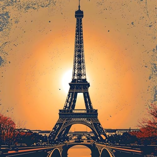 Malen Nach Zahlen Erwachsene Sonnenuntergang Eiffelturm, Paint by Numbers Malen Nach Zahlen, Handgemalt Ölgemälde Kit für Anfänger Erwachsene Mit 3-Pinseln und Acrylfarbe für Home Decor 55x55cm U-5817