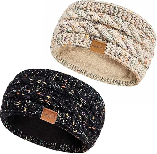 Hatromm Winter Headbands for Women Wool 2 Pack, Ear Warmers for Women Headband Knit Thick Fleece Lined, Cold Weather Warm Ear Muffs(Confetti Black+Confetti Oatmeal)