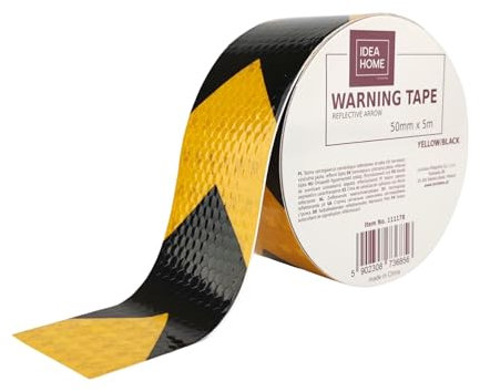 IDEA HOME Nastro Adesivo Segnaletico 50 mm x 5 m – Nastro di Sicurezza Riflettente con Frecce Giallo/Nero per Marcature di Sicurezza e Segnalazione
