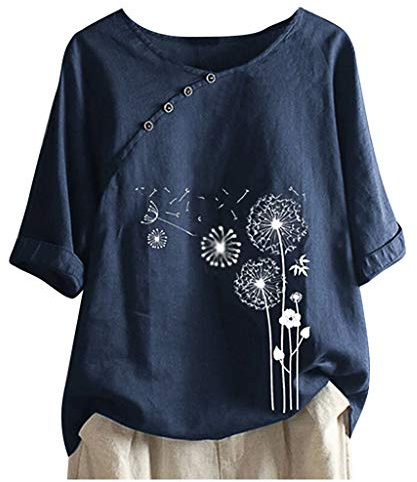 KOG Damen Shirts Vintage Leinenbluse Blusen & Tuniken Freizeit Baumwolle Tuniken Frau Bluse Elegant T-Shirt Teenager Rundhals Große Größen Longbluse Marine XL