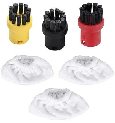 YUGHKBN 3 Pcs Cotton Terry Cloth Cover Pads + 3 Pcs Nylon Round Brushes Compatible for Karcher SC Series Steam Cleaner Parts SC1 SC2 SC3 SC4 SC5
