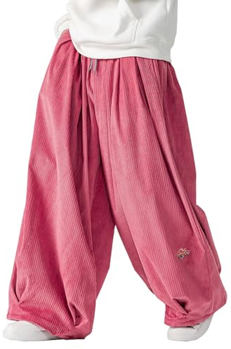 GURUNVANI - Pantalon en velours côtelé pour homme, coupe ample, jambe large, avec cordon de serrage, style streetwear, rose, Taille M