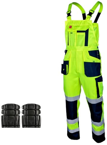 ART.MAS Hi-Vis Yellow Bib & Brace Overalls - Men's Class 2 Visibility Dungarees with Reflective Bands - Heavy-Duty Construction Workwear - Multiple Pockets (34/36 Inch - 52 EU, WITH Knee Pads)