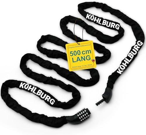 KOHLBURG 5m Kettenschloss extra lang mit Zahlenkombination & 6mm Stahlkette | 500cm Kette mit Zahlen Schloss – Fahrradschloss Zahlenschloss für mehrere Fahrräder E-Bike Gartenmöbel Boot Fahrradanhänger