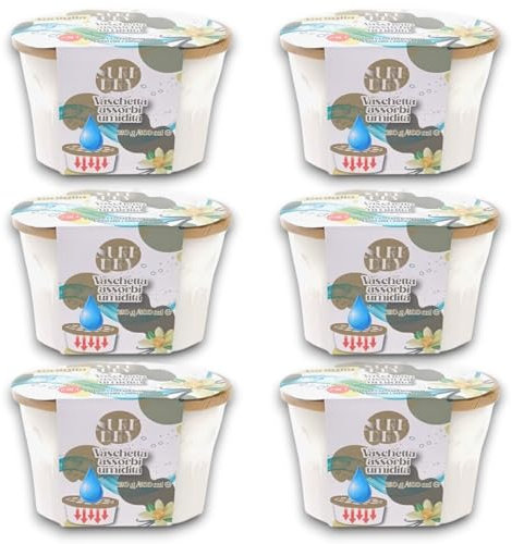 KORAT - Set 6 Vaschette Assorbi Umidità e Profumatore 500 ml, 5 Profumazioni, Deumidificatore Sali per Bagno Cucina Camper Caravan Roulotte Ripostiglio Dispensa Armadio (6, Vaniglia)