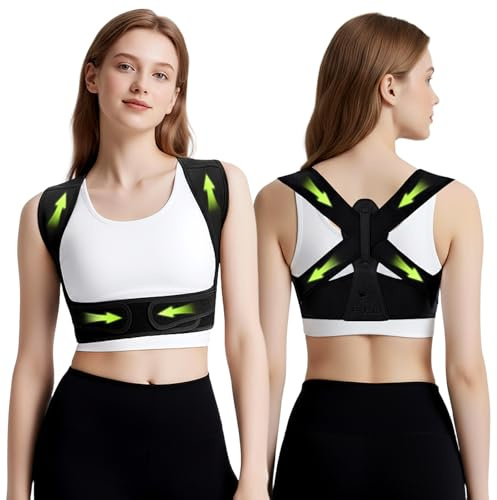 FHOCSLO Back Brace Posture Corrector for Women, Adjustable Upper Back Support Straightener for Hunchback Improve and Pain Relief from Neck, Shoulder (Black, S/M)