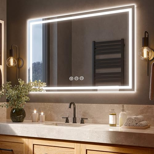 Ratsamee Badspiegel mit Beleuchtung LED, 100x70cm Spiegel mit Light, Wandspiegel mit Frontbeleuchtung, Antibeschlagfunktion, Dimmbar, mit 3 Einstellbaren Lichtfarben