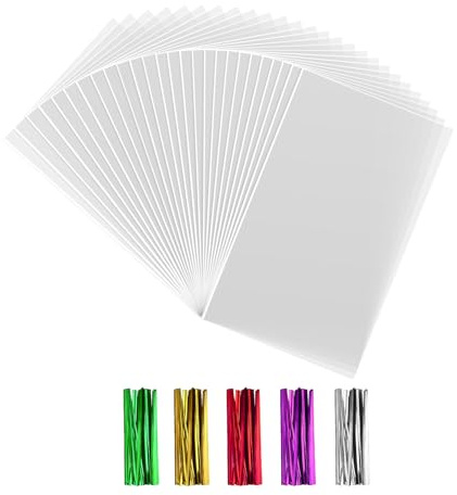 Anstore 15 x 25 cm godispåsar, genomskinliga, 200 st cellofanpåsar genomskinliga kakpåsar med 200 färgglada metalliska bindemedel för bröllop, jul, presentpåsar, barnfödelsedag, påsar