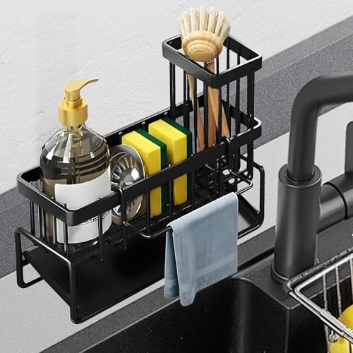 Kitchen Sink Caddy Organiser, Sink Tidy Stainless Steel Sponge Holder with Self Draining Tray Detachable Towel and Brush Holder for Countertop Kitchen Organiser